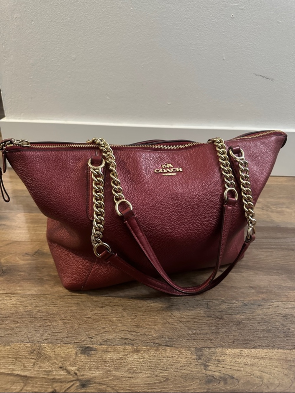Coach Metallic Cherry Pebbled Leather Chain Tote Burgundy Shoulder Bag